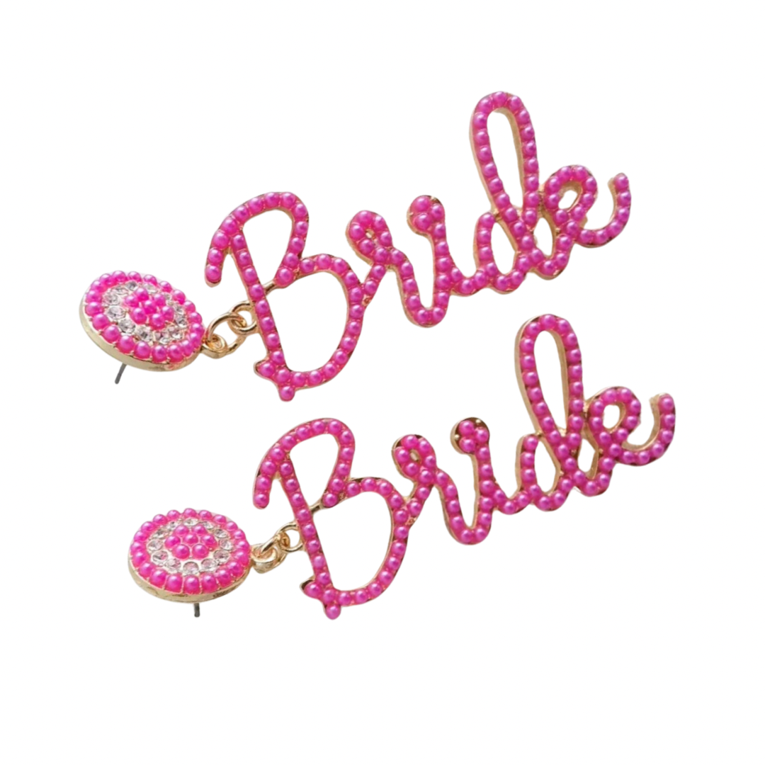 Pink Pearly & Sparkle Bride Script Earrings