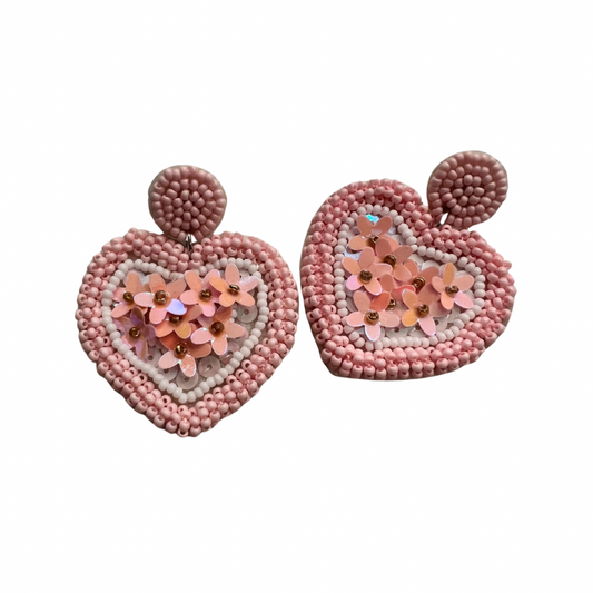 Pinky Bead & Sparkle Heart Earrings