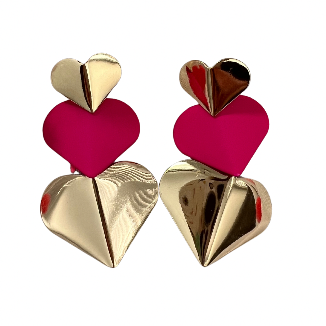 Three Heart Gold & Pink Drop Earrings