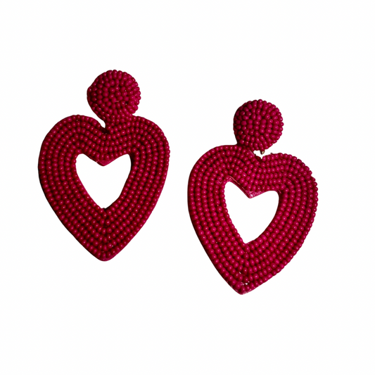 Beaded Open Heart Earrings - Fuchsia