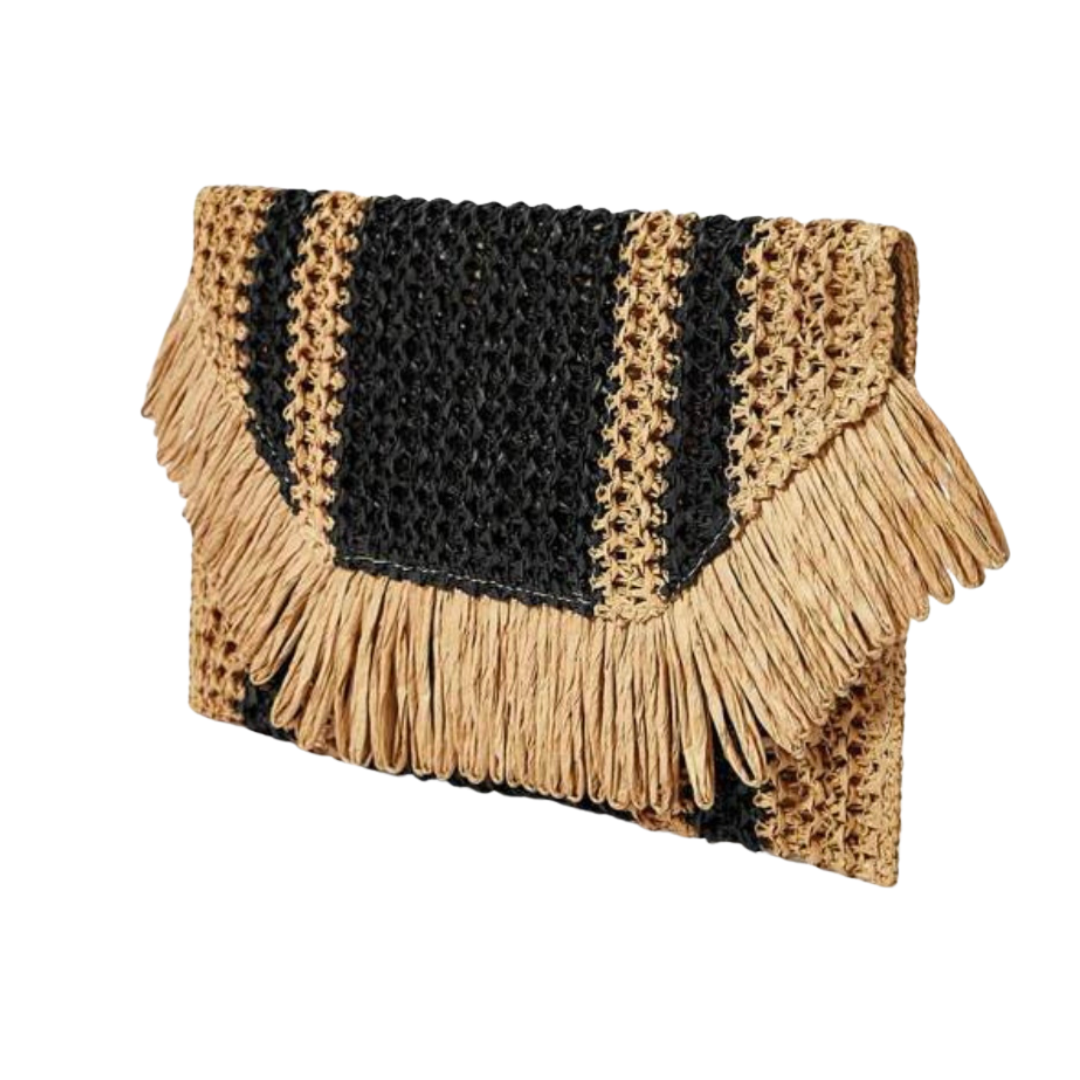 Woven Fringe Clutch - Black & Natural