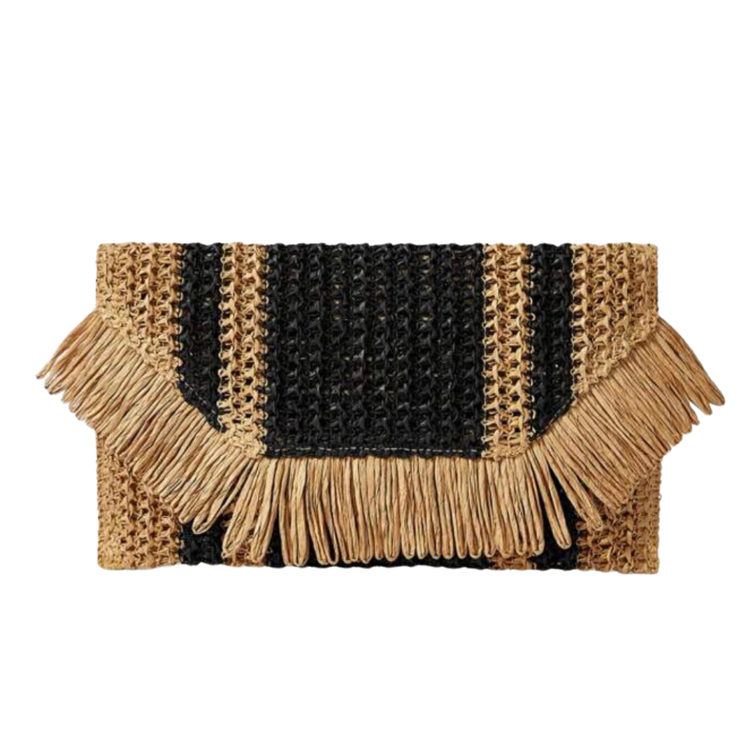 Woven Fringe Clutch - Black & Natural