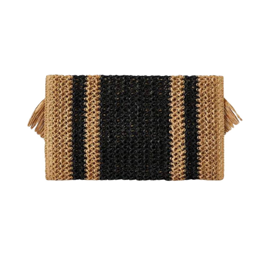 Woven Fringe Clutch - Black & Natural