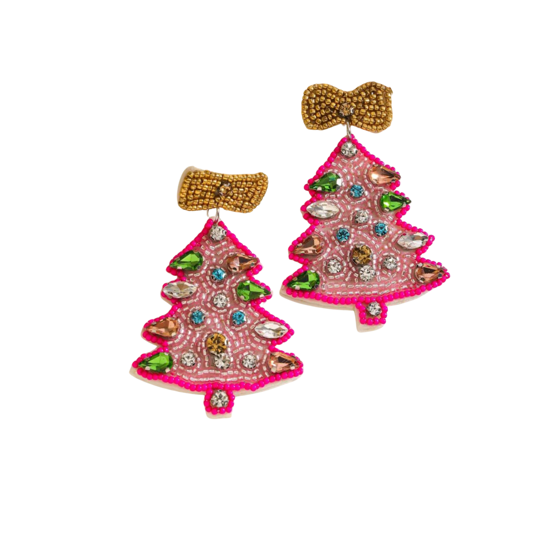 Christmas Tree Beaded Earrings - Pink