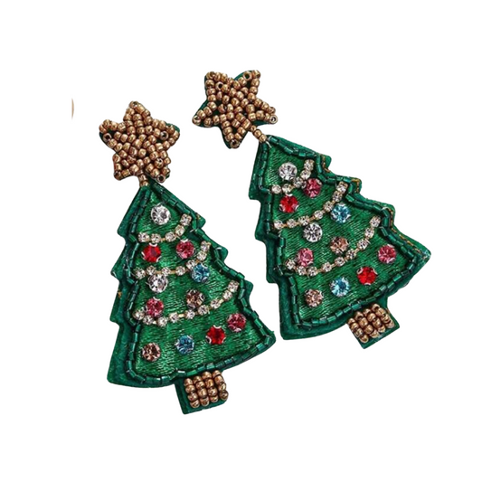 Christmas Tree Beaded Earrings - Green